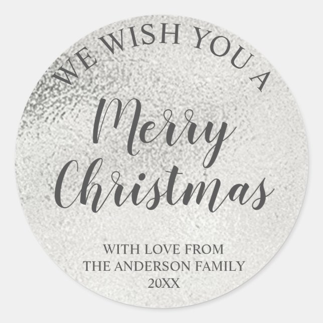 Sticker Rond Joyeux Noël en écriture grise et feuille d'argent (Devant)