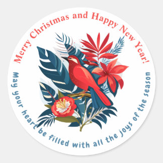 Sticker Rond Joyeux Noël et Bonne Année ! 20XX Oiseau Rouge