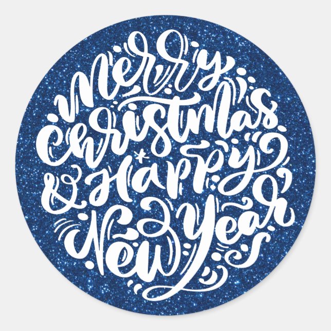 Sticker Rond Joyeux Noël et Bonne Année Pailleté Bleu (Devant)