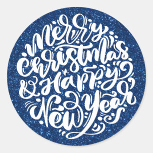Sticker Rond Joyeux Noël et Bonne Année Paillettes Bleues