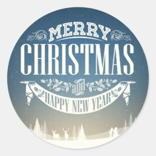 Sticker Rond Joyeux Noël et une Bonne Année Scène de neige