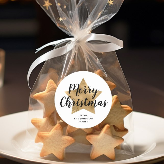 Sticker Rond Joyeux Noël étoile de faux or blanc élégant  (Elegant White Faux Gold Star Merry Christmas Classic Round Sticker)