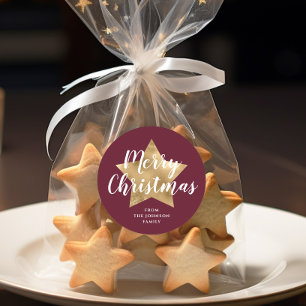 Sticker Rond Joyeux Noël étoile dorée Burgundy élégant