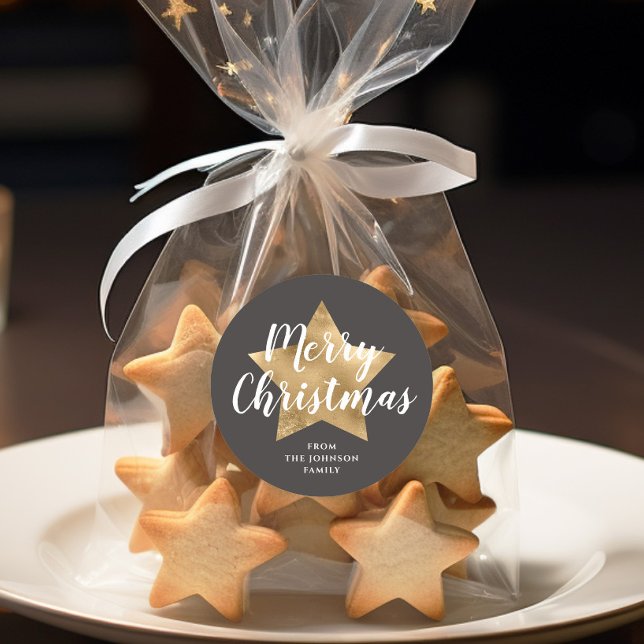 Sticker Rond Joyeux Noël Étoile Dorée Marron (Merry Christmas Gold Star Brown Classic Round Sticker)