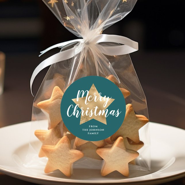 Sticker Rond Joyeux Noël étoile verte or (Merry Christmas Gold Star Green Classic Round Sticker)