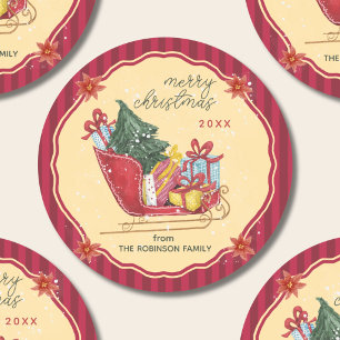 Sticker Rond Joyeux Noël Famille Nom Traîneau Rayures Rouges