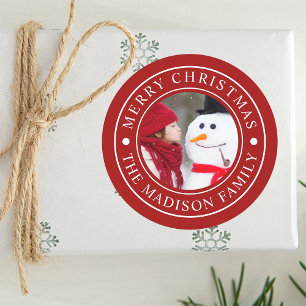 Sticker Rond Joyeux Noël Famille Photo Holiday Red