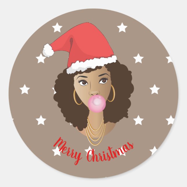 Sticker Rond Joyeux Noël! Femme noire, Chapeau, Genre, Étoile (Devant)