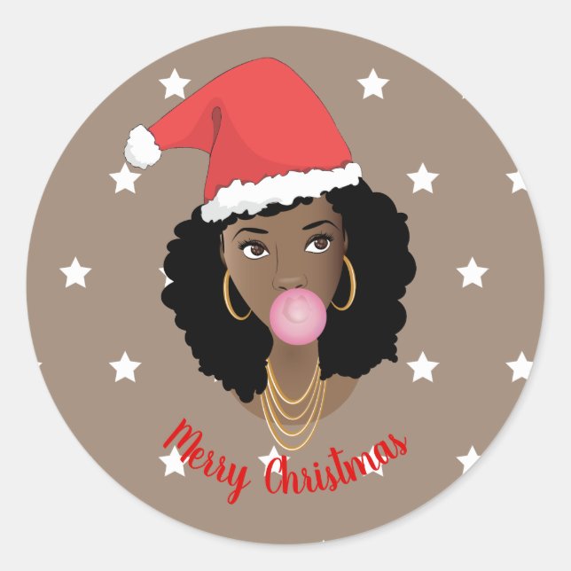 Sticker Rond Joyeux Noël! Femme noire, Chapeau, Genre, Étoile (Devant)