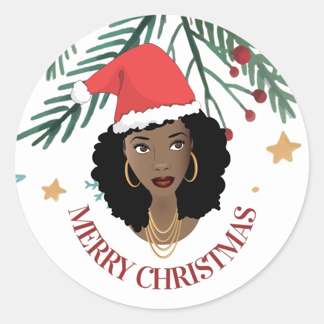 Sticker Rond Joyeux Noël, Femme noire, Chapeau rouge, Arbre (Devant)