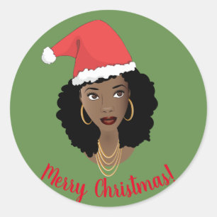 Sticker Rond Joyeux Noël, Femme noire, Chapeau rouge, Vert