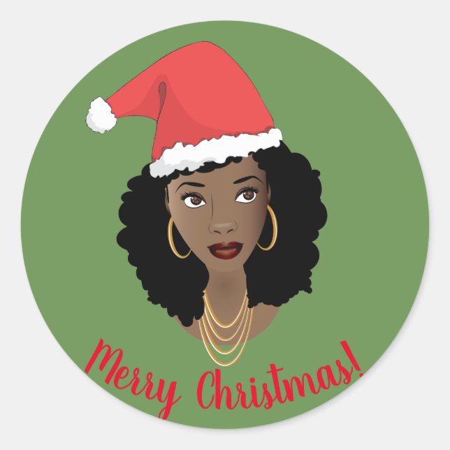 Sticker Rond Joyeux Noël, Femme noire, Chapeau rouge, Vert (Devant)