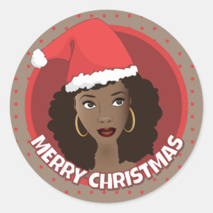 Sticker Rond Joyeux Noël, Femme noire Santa Hat