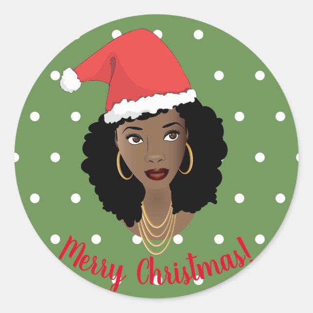 Sticker Rond Joyeux Noël! Femme noire, Santa Hat Dots Vert (Devant)