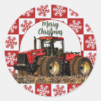 Sticker Rond Joyeux Noël Ferme Tracteur Rouge Fête de Noël Floc