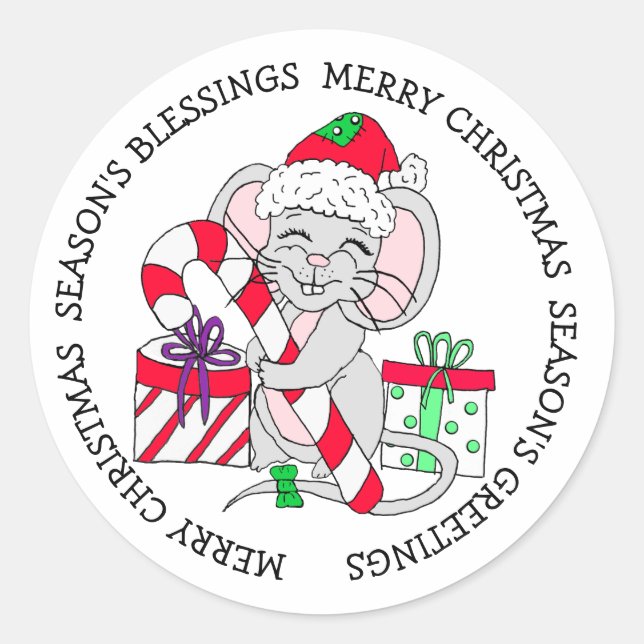 Sticker Rond Joyeux Noël Festive Souris avec présentateurs (Devant)