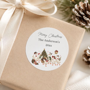 Sticker Rond Joyeux Noël Fête de famille d'oies aquarelle