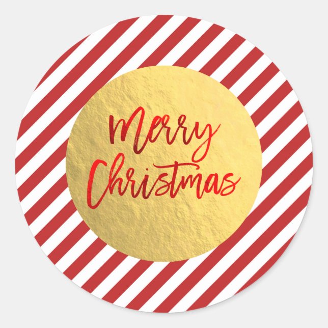 Sticker Rond Joyeux Noël Fête Rouge Stripes Gold Foil (Devant)