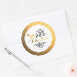 Sticker Rond Joyeux Noël Feuille de Houx en Papier d'Or