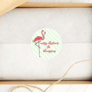Sticker Rond Joyeux Noël Flamant Rose Personnalisé
