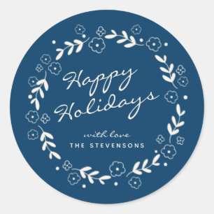 Sticker Rond Joyeux Noël Fleuris Simple Personnalisé Bleu Éléga