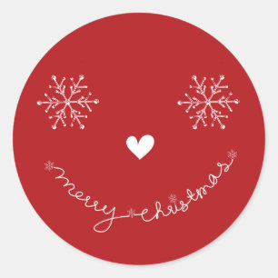 Sticker Rond Joyeux Noël Flocons de neige Visage souriant Rouge