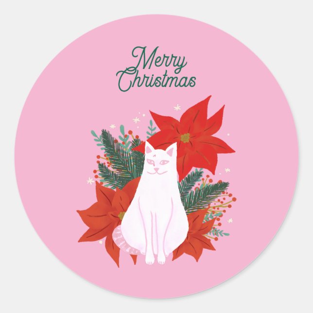 Sticker Rond Joyeux Noël Floral Chat (Devant)