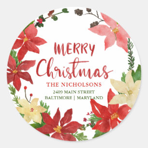 Sticker Rond Joyeux Noël Floral Wreath Return Adresse