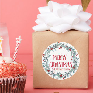 Sticker Rond Joyeux Noël Flower Wreath Nom de famille