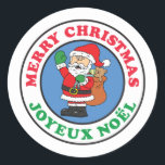 Sticker Rond Joyeux Noel French Christmas Père Noël<br><div class="desc">Sticker rond Joyeux Noel French Christmas Père Noël. Dites "Joyeux Noël" en français avec ces stickers rouges Père Noël de fête caricaturale. Idéal pour toute fête de Noël française. Enfants et adultes français seront mis dans l'esprit de vacances avec ce design mignon. Idéal pour un cadeau ou un cadeau de...</div>
