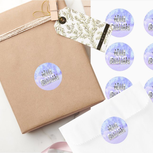Sticker Rond Joyeux Noël gens de neige Police, Blue Tint neige (Merry Christmas Snow People Font, Blue Tint Snow Classic Round Stickers)