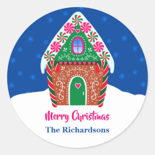 Sticker Rond Joyeux Noël Gingerbread Maison Nuit Bleu