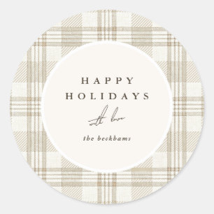 Sticker Rond Joyeux Noël Gingham Beige Clair