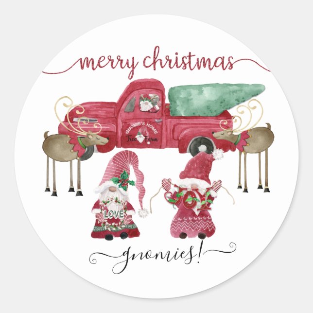 Sticker Rond Joyeux Noël Gnome Aquarelle Camion rouge (Devant)