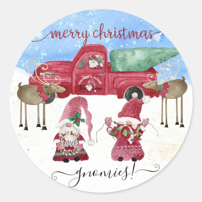 Sticker Rond Joyeux Noël Gnome Aquarelle neige Camion rouge (Devant)