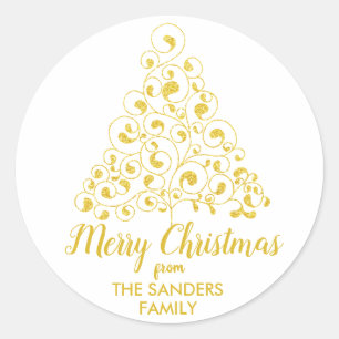 Sticker Rond Joyeux Noël Gold Parties scintillant Arbre de No