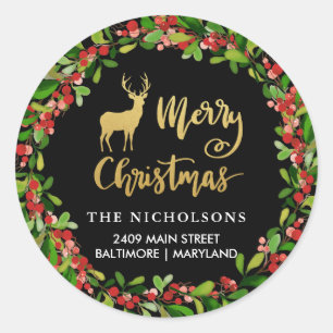Sticker Rond Joyeux Noël Gold Script Holiday Adresse de retour
