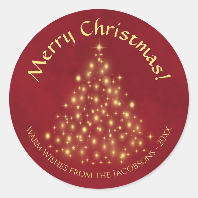 Sticker Rond Joyeux Noël! Golden Lights Tree sur Crimson Red (Devant)