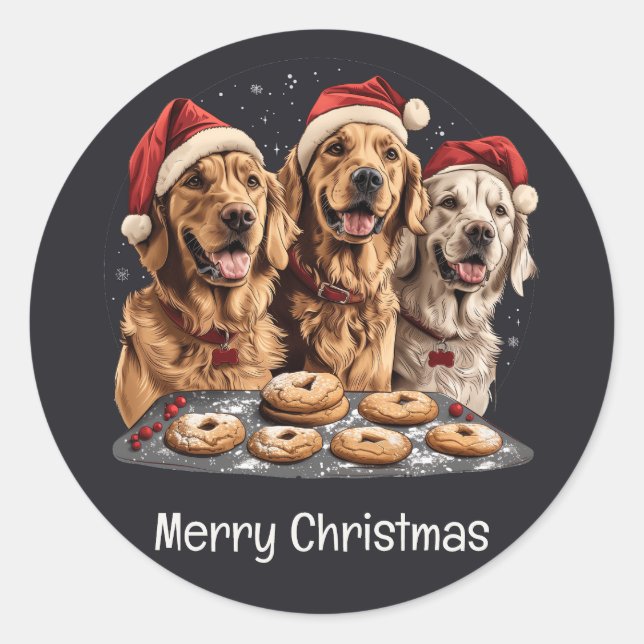Sticker Rond Joyeux Noël Golden Retriever Chiens Baking (Devant)