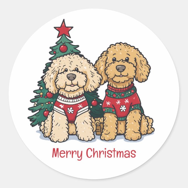 Sticker Rond Joyeux Noël Goldendoodle Chiens (Devant)