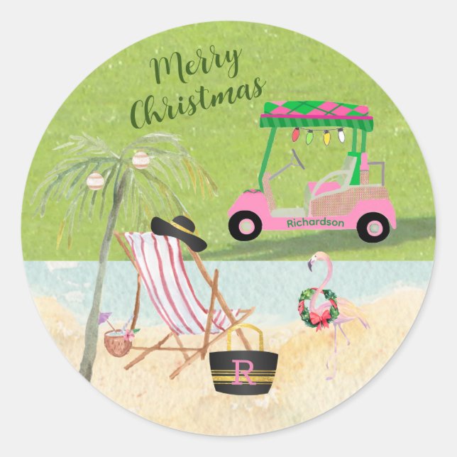 Sticker Rond Joyeux Noël Golf Panier Beach Monogramme Nom (Devant)