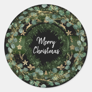Sticker Rond Joyeux Noël Green Wreath Winter Gold Reindeder