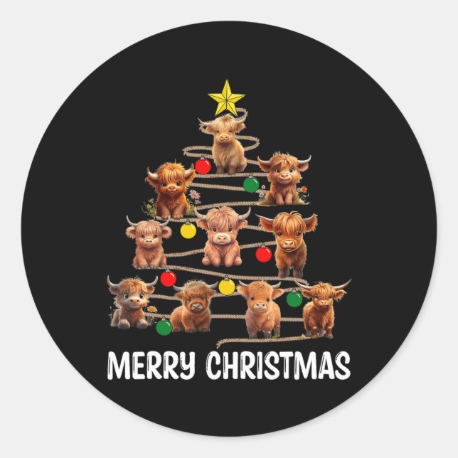 Sticker Rond Joyeux Noël Highland Cow Western Xmas Tree Paj (Devant)