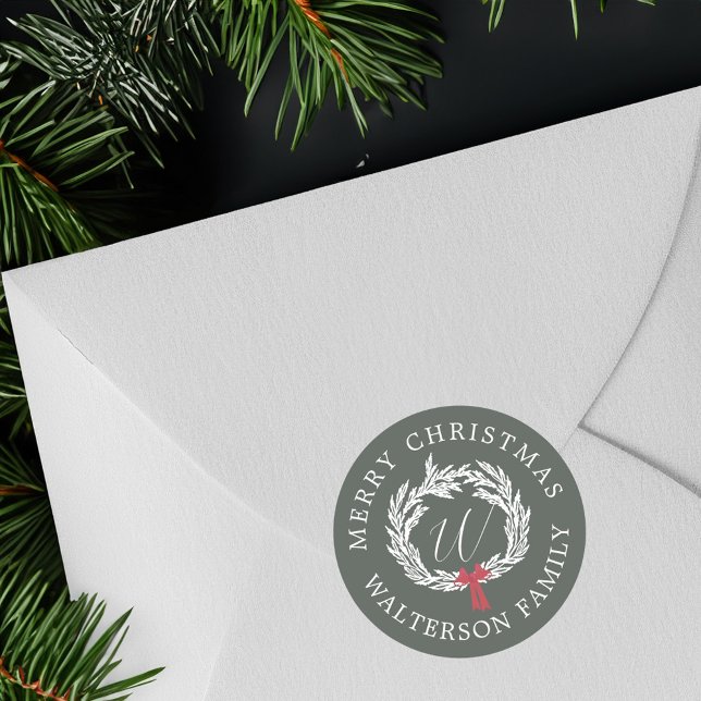 Sticker Rond Joyeux Noël hiver Garland Wreath Monogramme (Créateur téléchargé)