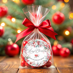 Sticker Rond Joyeux Noël hiver Rouge Floral Botanique