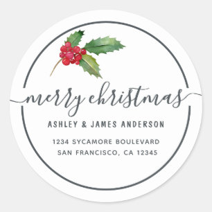 Sticker Rond Joyeux Noël Holly Berries Nouvelle adresse