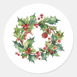 Sticker Rond Joyeux Noël Holly Berry Wreath
