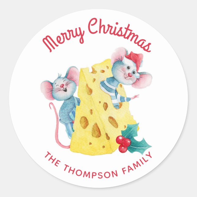 Sticker Rond Joyeux Noël Holly Fromage souris Personnalisé (Devant)