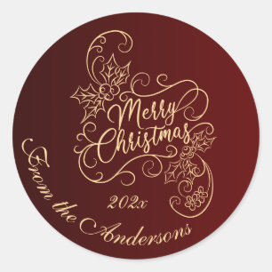 Sticker Rond Joyeux Noël Holly Rouge Carte de Vœux Fêtes