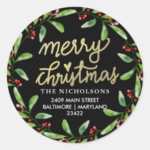 Sticker Rond Joyeux Noël Holly Wreath Adresse de retour
